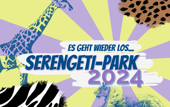 Bunte Grafik mit Zootieren und der Überschrift "Es geht wieder los - Serengetiepark 2024" als Ankündigung einer Vereinsveranstaltung bzw. der Familienfreizeit im kommenden Jahr.