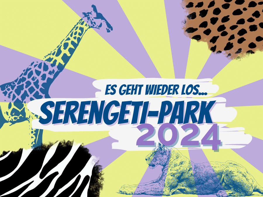 Bunte Grafik mit Zootieren und der Überschrift "Es geht wieder los - Serengetiepark 2024" als Ankündigung einer Vereinsveranstaltung bzw. der Familienfreizeit im kommenden Jahr.