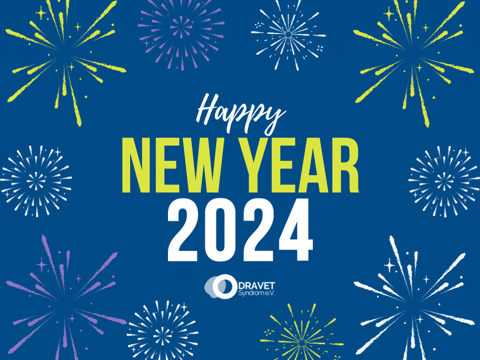 Blauer Hintergrund mit grafischen Elementen, die Feuerwerk darstellen sollen in weiß, gelb und lila. Dazu der Schriftzug "Happy New Year 2024" und das Logo des Dravet-Syndrom-Vereins.