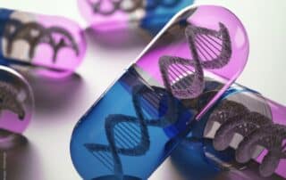 Sinnbild für Gentherapie mit Medikamentenkapsel, die DNS-Helix beinhaltet